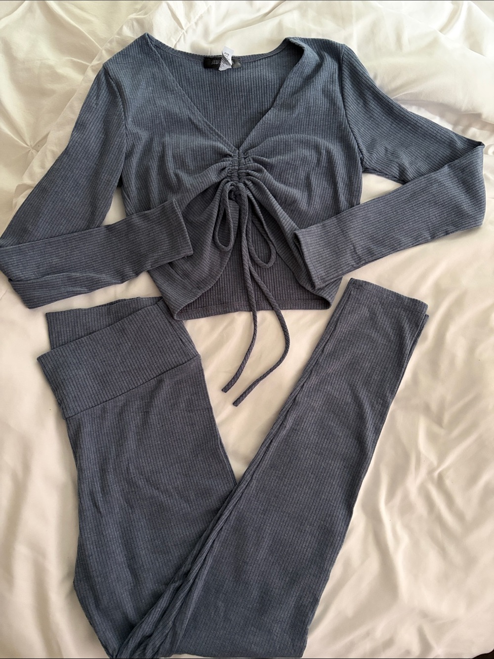 Ribbed Drawstring Lounge Set in Slate Blue